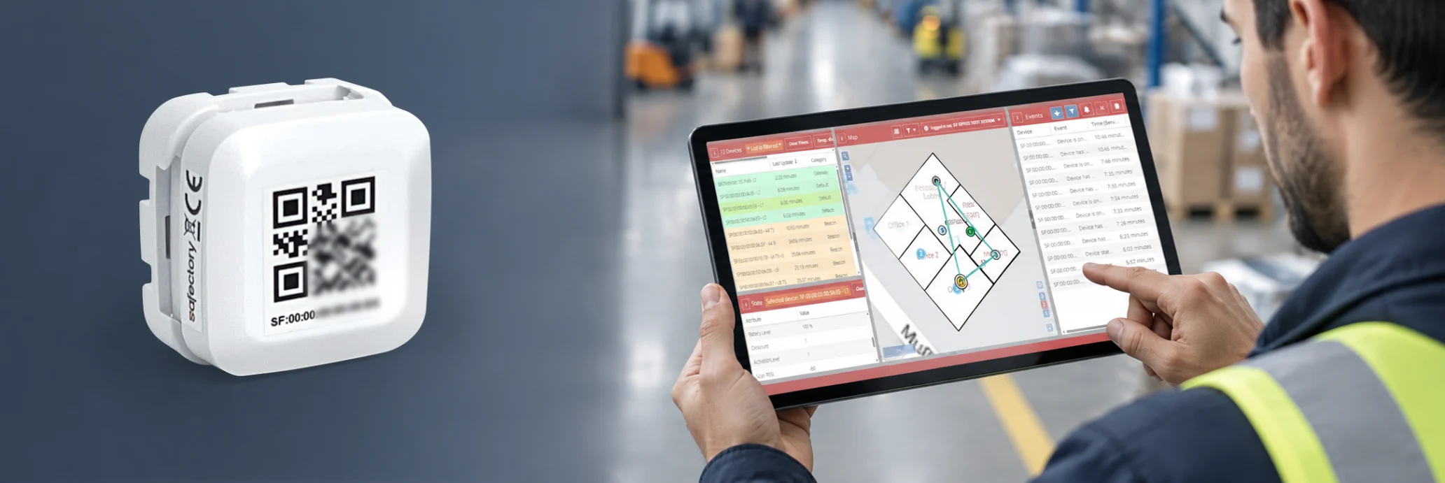 Safectory RTLS IoT Tracking Gateway with BLE Tags and Tablet Software in Industrial Warehouse